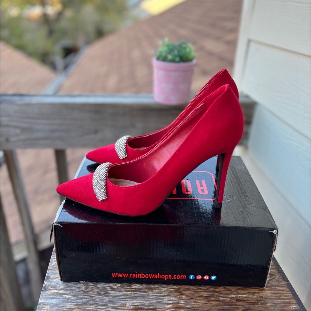 Rouge Helium Red Suede Rhinestone High Heel Pumps-Pointed Toe Stiletto Size 8.5